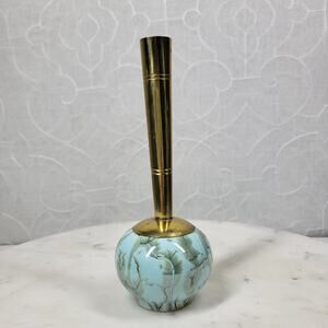 Vintage Delft Holland Bud Vase Brass Stem 7" Blue Hand Painted Marble Glaze Base